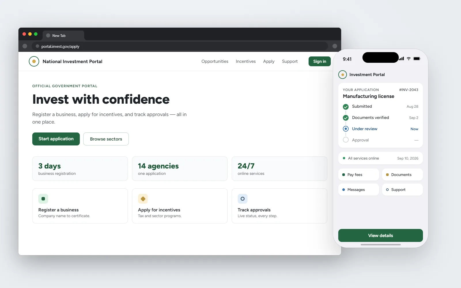 Illustration: an investment-promotion portal on desktop and phone