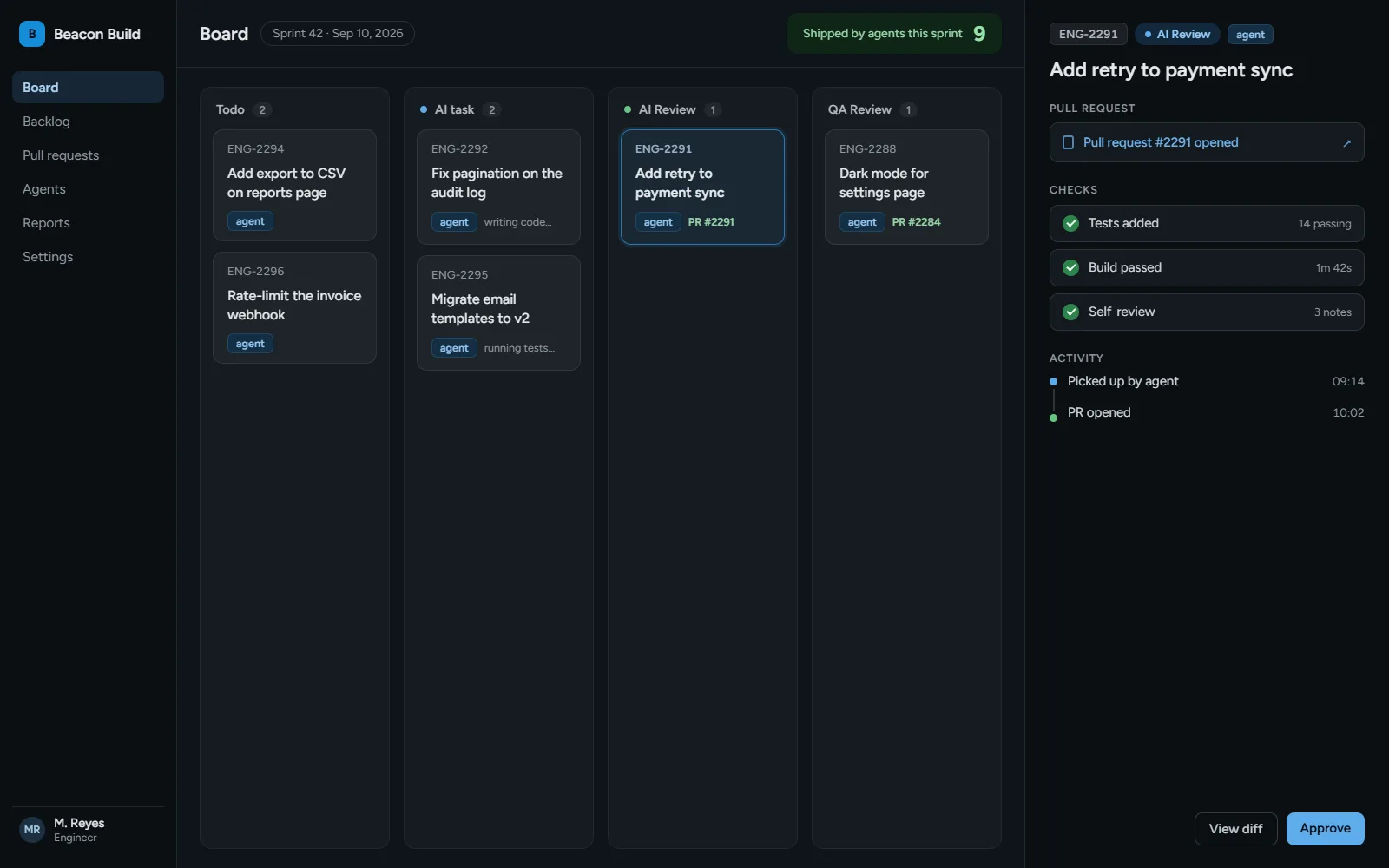 Illustration: an engineering board with the agent's pull request under review