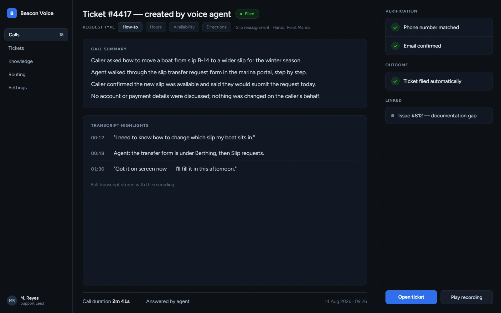 Illustration: a support console showing the ticket a voice agent filed from a call, with the verification steps and a linked documentation issue
